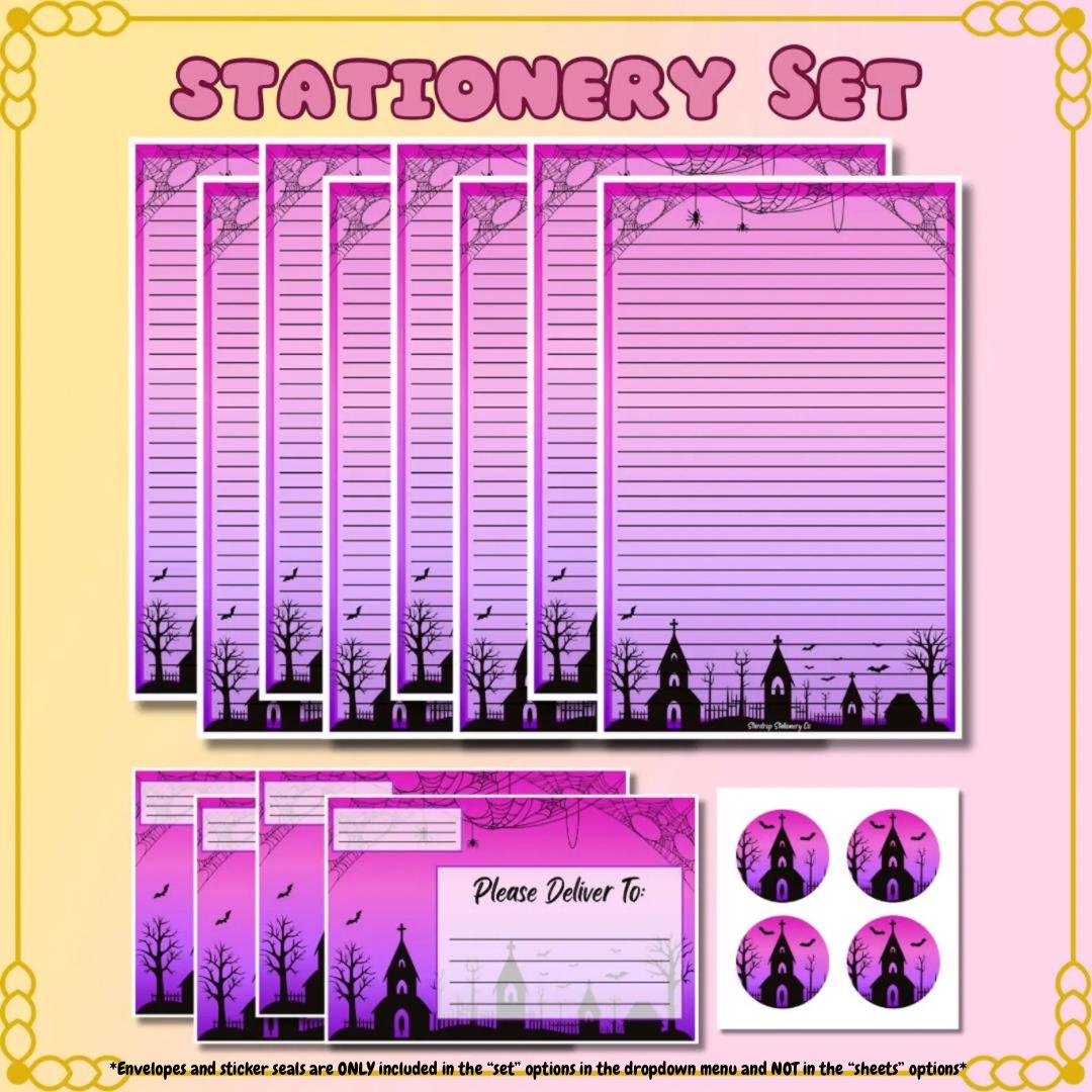 Spooky Haunted House Stationery Set: Pink & Purple Letter Writing Paper ...