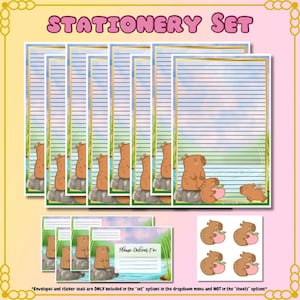 Set di articoli di cancelleria Kawaii a tema capibara: carta a righe/bianca, buste e adesivi.