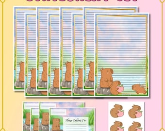 Kawaii Capybara Stationery Set: Lined/Unlined Paper, Envelopes & Stickers