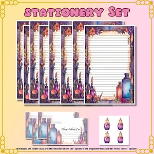 May include: Stationery set featuring lined writing paper, envelopes, and stickers. The paper has a decorative border with purple, orange, and green botanical elements. The envelopes and stickers have matching designs with potion bottles.