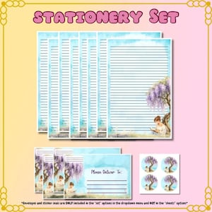 May include: A stationery set featuring lined writing paper with a watercolor illustration of a person reading under a wisteria tree. Includes matching envelopes and round sticker seals. The text "STATIONERY SET" is at the top.