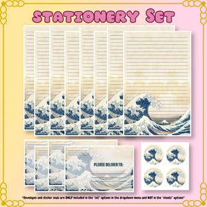 May include: A stationery set featuring lined paper, envelopes, and circular stickers, all decorated with a blue and beige graphic of a large ocean wave. The envelopes include the printed text PLEASE DELIVER TO: above three horizontal lines.