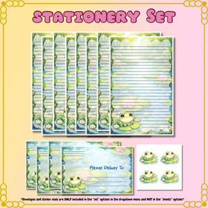 May include: A stationery set featuring lined writing paper, envelopes, and stickers. The paper and envelopes have a whimsical design with a frog on a lily pad. The text "STATIONERY SET" is at the top. The envelopes have the text "Please Deliver To:"
