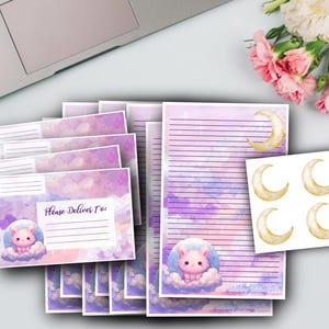 Juego de papelería de media hoja con diseño de conejito de galaxia kawaii / Escritura de cartas / Papelería con o sin forro / Amigos por correspondencia / Correo postal / Correo feliz / Sobres