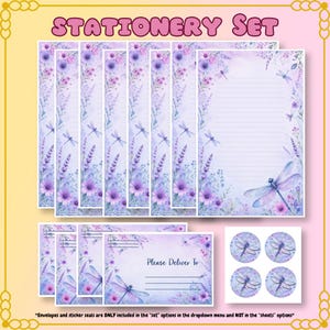May include: A stationery set featuring lined writing paper, envelopes, and circular stickers. Each item displays a lavender and purple watercolor design with floral patterns and dragonflies. The envelopes include the text Please Deliver To.