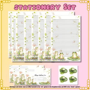 May include: A stationery set featuring lined writing paper, envelopes, and stickers. The design includes illustrations of frogs, lily pads, and flowers. The text "STATIONERY SET" is at the top. The envelopes have a "Please Deliver To:" section.