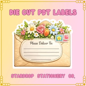 May include: Die cut pot labels featuring a floral design atop a vintage envelope. The envelope has space to write a delivery address. The labels are decorated with daisies, roses, and tulips. The text "Please Deliver To:" is visible.