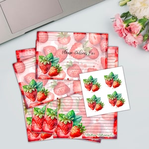 Juego de papelería Strawberry Fields / Papel para escribir cartas / Kit para amigos por correspondencia / Papel de media hoja / Sobres / Sellos adhesivos / Acuarela de fresa