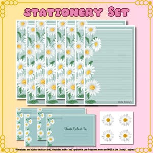 Può includere: Set di cancelleria con disegni floreali a margherita. Il set include carta da lettere a righe, buste e adesivi a margherita. Il testo "STATIONERY SET" è in alto. Le buste hanno il testo "Please Deliver To:"