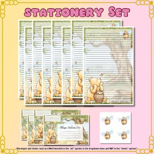 May include: Stationery set featuring Winnie the Pooh illustrations. The set includes lined writing paper, envelopes, and bee-themed stickers. The writing paper has a tree and Pooh with a honey pot design. The text "STATIONERY SET" is at the top.
