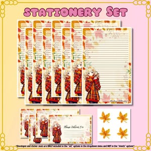 May include: A stationery set featuring lined paper, envelopes, and maple leaf stickers. The paper and envelopes have a fall theme with illustrations of a girl in a plaid coat. The text "STATIONERY SET" is at the top.