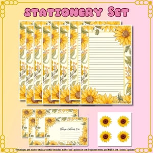 May include: A stationery set featuring sunflower designs. The set includes lined paper, notecards, and stickers. The text "STATIONERY SET" is at the top. The notecards have the text "Please Deliver To:" on them. The set has a yellow and cream color scheme.