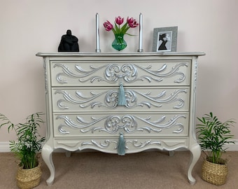 Vintage French chest of drawers, solid oak with intricate carvings