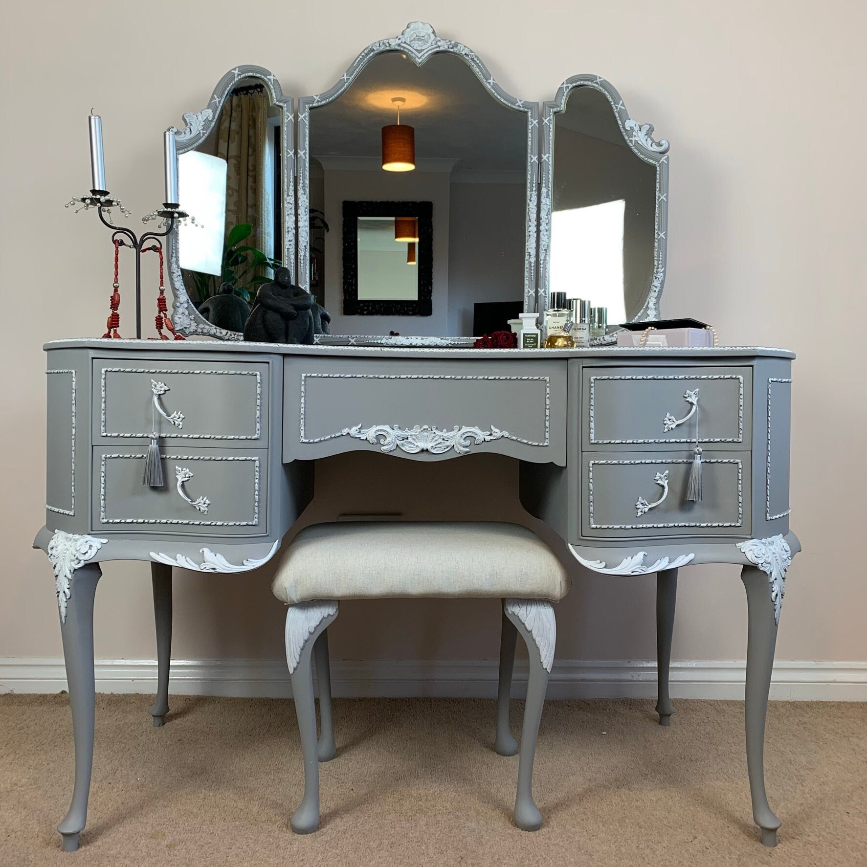 slim fit dress slacks Gray Vintage French Country Vanity with Mirror & Stool  CharmyDecor
