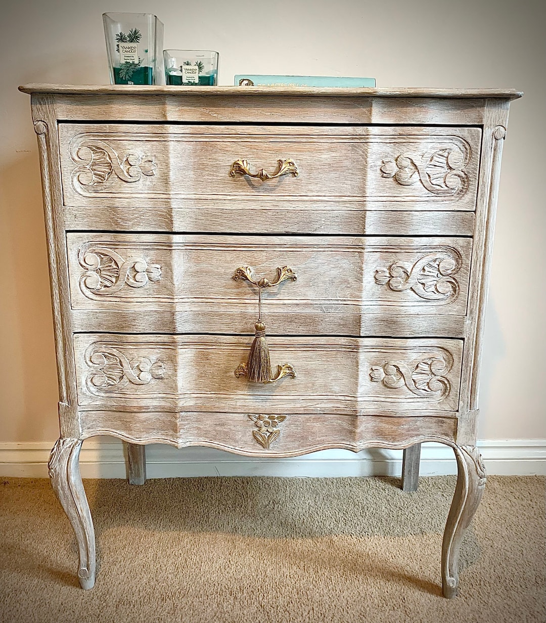 Vintage French Lime Washed Oak Carved Chest of Drawers Etsy UK