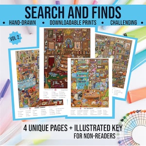 Printable Search and Find Activity for Kids – Hand Drawn Hidden Picture Game with Illustrated Keys – Fun Brain Puzzle 4 piece bundle!