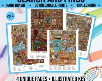 Printable Search and Find Activity for Kids – Hand Drawn Hidden Picture Game with Illustrated Keys – Fun Brain Puzzle 4 piece bundle!