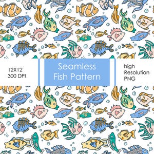 Puede incluir: Un patrón de peces sin costuras sobre un fondo blanco. El diseño presenta varios peces de dibujos animados en tonos de azul, amarillo, verde y rosa, con burbujas. El texto "Seamless Fish Pattern" se muestra en una pancarta azul claro. La imagen es de 30,48 x 30,48 cm.