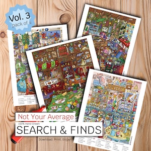 Search and Find Activity Pages – Hand-Drawn Printable Hidden Object Game – Parents, Teachers, Educational game