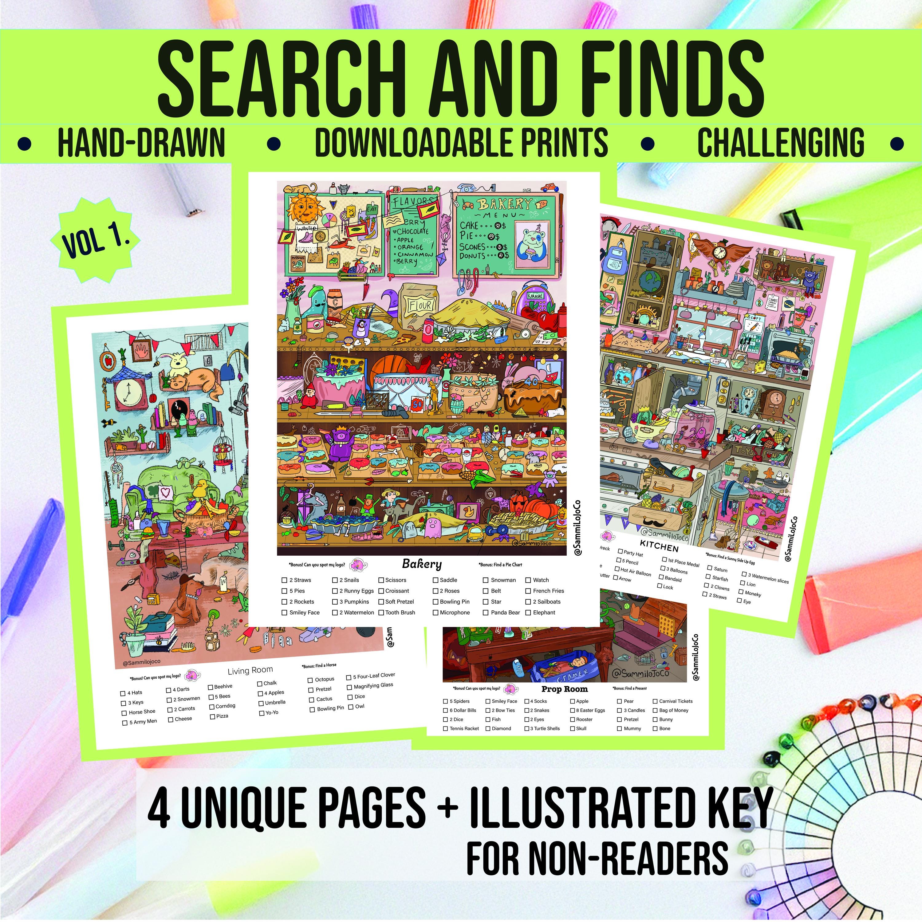 Search and Find Activity Pages for Kids – Hand-Drawn Printable Hidden Object Game – 4 page bundle perfect for kids who want a challenge!