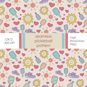 Seamless Cute Pickle Ball Pattern, pickleball design | Digital Paper, Prints | Pickle Ball with suns, hand drawn | Scrapbooking, Crafting