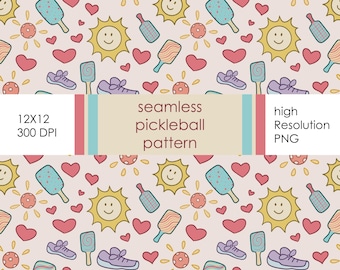 Seamless Cute Pickle Ball Pattern, pickleball design | Digital Paper, Prints | Pickle Ball with suns, hand drawn | Scrapbooking, Crafting