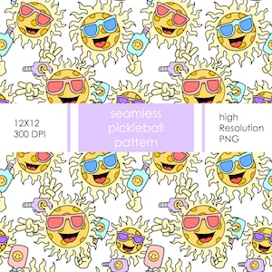 Seamless Groovy Pickle Ball Pattern | Digital Paper, Printable | Peace signs & Sun Pickle Ball paddles, hand drawn, pickleball designs