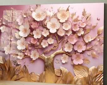 May include: A pink and gold floral wall art print featuring a 3D paper flower tree with delicate pink blossoms and gold leaves.