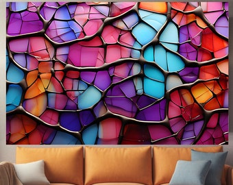 Abstract 3D Stained Mosaic Wall Art, Extra Large Color Art, Extra Large Wall Art, Tempered glass Art, Canvas Wall Art, Ready to Hang