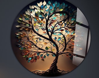 Tempered Glass Wall Art Tree of Life, Tree of Life, Glass Wall Decor, Panoramic Wall Art, 3D Abstract Glass Wall Art, Large Glass Wall Art,