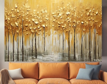 Abstract Gold Forest Wall Art, Extra Large Color Art, Glass Wall Art, Extra Large Wall Art, Tempered glass wall art, Canvas Wall Art
