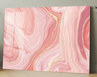 May include: Abstract art print featuring pink and gold swirling patterns resembling agate or marble. The print has a modern and elegant aesthetic.