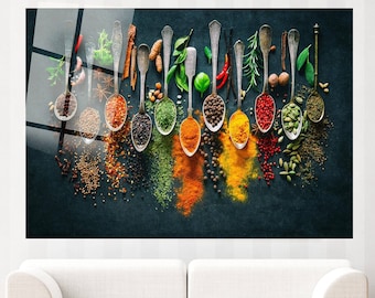Herbs Spoon Spices Kitchen Wall Art, Kitchen Artwork Wall Decor, Extra Large Canvas Wall Art, Tempered glass wall art, 3 Piece Wall Art