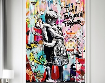 I ll Love You Forever, Banksy Wall Art, Graffiti Street Canvas Wall Art, Extra Large Wall Art, Tempered glass wall art, Ready to Hang