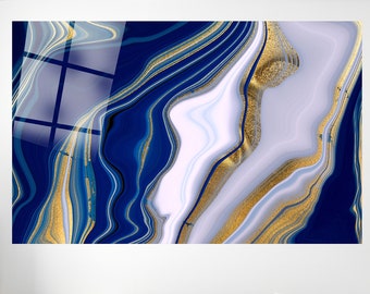 Abstract Navy Blue Gold Glitter Marble Wall Art, Marble Stained Wall Art, Canvas Wall Art, Extra Large Wall Art, Tempered glass wall art