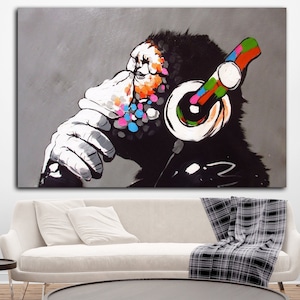 Banksy DJ Monkey, Banksy Wall Art, Banksy Glass, Banksy Canvas Print, Graffiti Street Canvas Wall Art, Banksy for kids, Pop Art