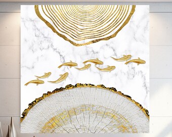Abstract Gold Creative Fish and Wood Wall Art, Abstract Wall Art, Extra Large Wall Art, Tempered glass Art, Canvas Wall Art, Ready to Hang