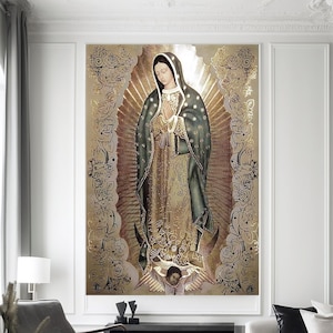 A Virgem de Guadalupe, Nossa Senhora de Guadalupe, arte de parede extra grande, arte de parede em vidro temperado, pronta para pendurar, arte de parede em tela, pintura a óleo
