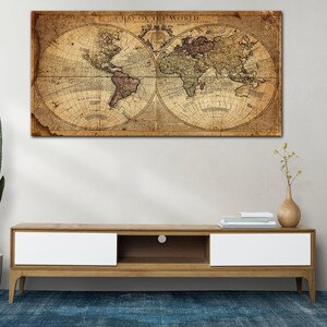 Weltkarte Leinwand, Vintage Weltkarte, alte Weltkarte, Weltkarte Leinwand, Push-Pin-Karte, fertig zum Aufhängen, alte Landkarte Leinwand