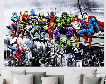 Marvel DC Superheroes, Superheroes Skyscraper Lunch, Canvas Wall art, Extra Large Wall Art, Tempered glass wall art