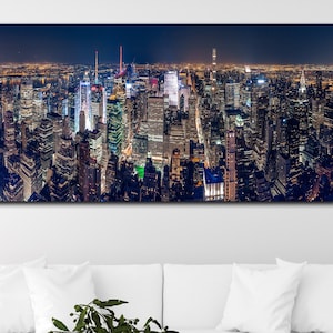 New York Manhattan Panoramic Wall Art, New York Landscape, Manhattan Glass Art, Canvas Wall Art, Ready to Hang, Panoramic New York