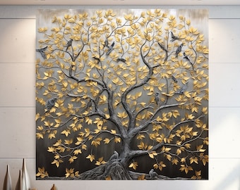 Abstract Gold Leaf Forest Wall Art, Flowered Pattern Wall Art, Extra Large Wall Art, Tempered glass Art, Canvas Wall Art, Ready to Hang