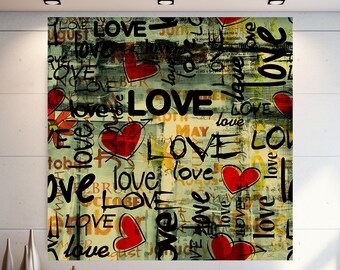 Love Hearts Wall Art, Banksy Wall Art, Graffiti Street Canvas Wall Art, Extra Large Wall Art, Tempered glass wall art, Ready to Hang
