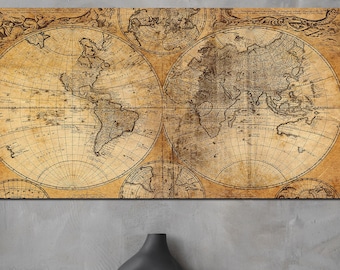 Könnte beinhalten: Eine antike Weltkarte, gedruckt auf Papier mit braunem Hintergrund. Die Karte ist in vier Abschnitte unterteilt, die jeweils einen anderen Teil der Welt zeigen. Die Karte ist von einem dekorativen Rahmen umgeben.