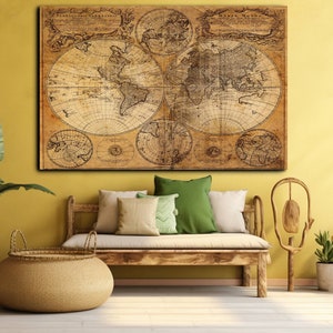 Tela della mappa del mondo, mappa del mondo vintage, mappa del vecchio mondo, tela della mappa mondiale, mappa con puntina a pressione, pronta per essere appesa, tela della mappa vecchia