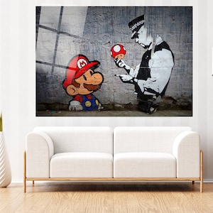 Super Mario and Cup, Banksy Wall Art, Graffiti Street Art Canvas, Pop Culture Wall Art, Extra Large Wall Art, Tempered glass wall art