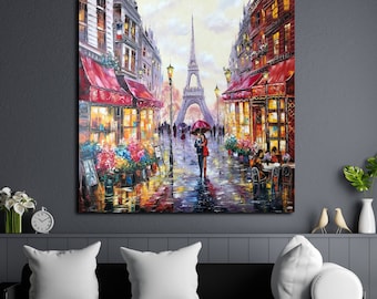 Puede incluir: Una pintura de una escena callejera parisina con la Torre Eiffel de fondo. La calle está bordeada de edificios y hay gente caminando. La pintura está realizada en un estilo colorido con mucho detalle.