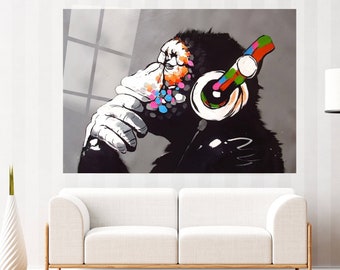 Banksy Wall Art, Banksy Monkey, Graffiti Street Art Canvas, Pop Culture Wall Art, Extra Large Wall Art, Tempered glass wall art