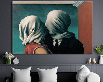 Amantes de René Magritte, Reproducción de obras maestras, Reimpresión de pintura al óleo, Lienzo de René Magritte, Arte de pared de amantes, Arte de pared extragrande