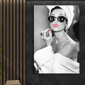 Audrey Hepburn-poster, Audrey Hepburn-make-up, Hepburn-roze lippen, Audrey Hepburn-poster, Audrey Hepburn-kunst aan de muur, pop-art